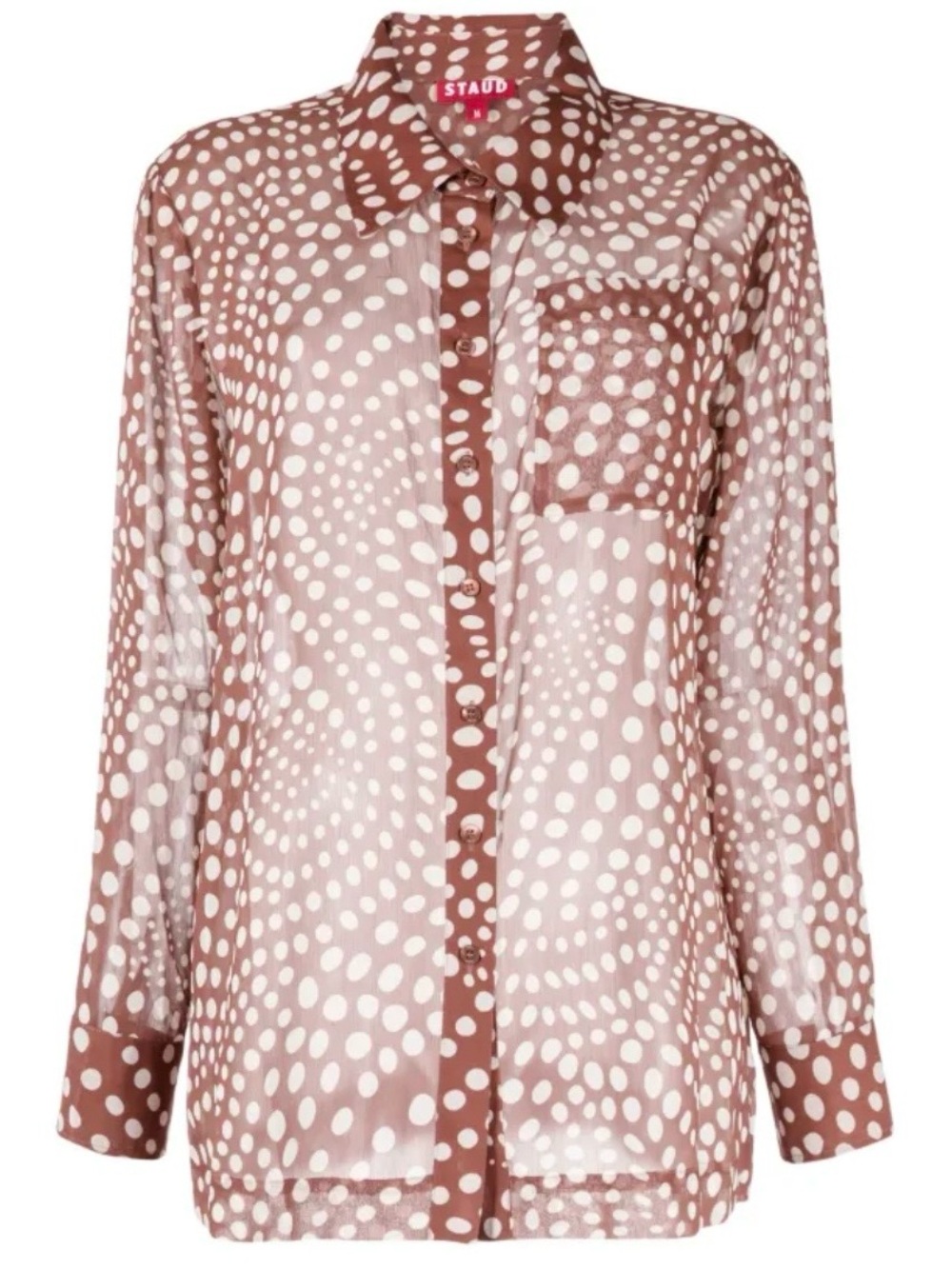 STAUD Brown and White Polka Dot Silk Button-Down Shirt